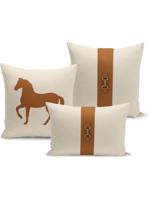 Bertille Home Klasik At Serisi Çift Tarafı Dijital Baskılı  3'lü Kırlent Kılıfı Seti (Horse)