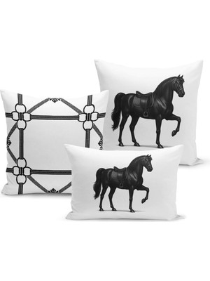 Bertille Home Klasik At Serisi Çift Tarafı Dijital Baskılı  3'lü Kırlent Kılıfı Seti (Horse)