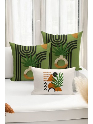 Bertille Home Çift Tarafı Dijital Baskılı  3'lü Kırlent Kılıfı Seti (Panç /punch Nakış Desen Görünümlü)