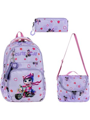 Baginn Ilkokul Kız Çocuk Çantası 3'lü Set Sevimli Kedi 40*30 cm Beslenme Çantası Kalem Kutusu Cute Cat