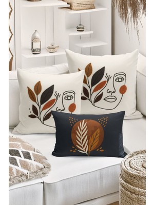 Bertille Home Çift Tarafı Dijital Baskılı  3'lü Kırlent Kılıfı Seti (Panç /punch Nakış Desen Görünümlü)