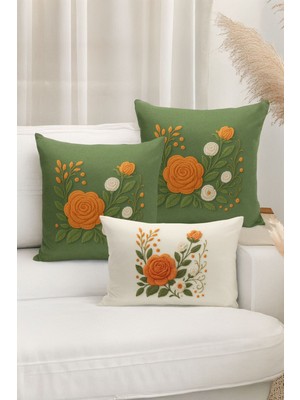 Bertille Home Çift Tarafı Dijital Baskılı  3'lü Kırlent Kılıfı Seti (Panç /punch Nakış Desen Görünümlü)