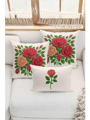 Bertille Home Çift Tarafı Dijital Baskılı  3'lü Kırlent Kılıfı Seti (Panç /punch Nakış Desen Görünümlü)