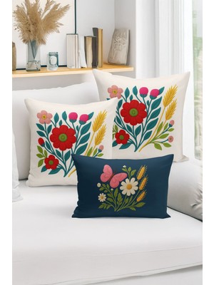 Bertille Home Çift Tarafı Dijital Baskılı  3'lü Kırlent Kılıfı Seti (Panç /punch Nakış Desen Görünümlü)