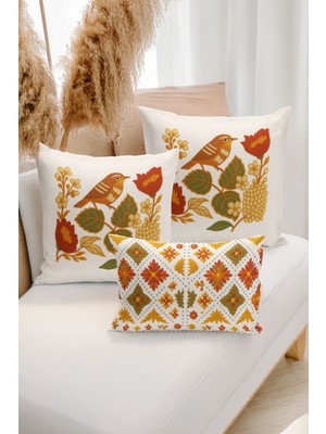 Bertille Home Çift Tarafı Dijital Baskılı  3'lü Kırlent Kılıfı Seti (Panç /punch Nakış Desen Görünümlü)