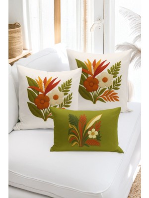 Bertille Home Çift Tarafı Dijital Baskılı  3'lü Kırlent Kılıfı Seti (Panç /punch Nakış Desen Görünümlü)