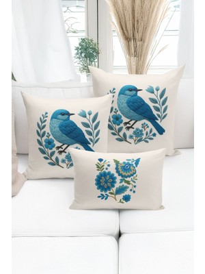 Bertille Home Çift Tarafı Dijital Baskılı  3'lü Kırlent Kılıfı Seti (Panç /punch Nakış Desen Görünümlü)