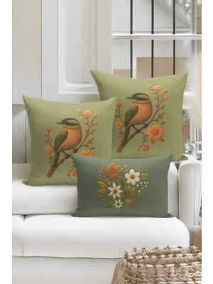 Bertille Home Çift Tarafı Dijital Baskılı  3'lü Kırlent Kılıfı Seti (Panç /punch Nakış Desen Görünümlü)