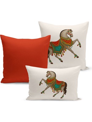Bertille Home Klasik At Serisi Çift Tarafı Dijital Baskılı  3'lü Kırlent Kılıfı Seti (Horse)