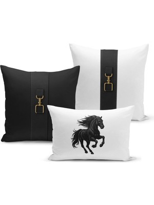 Bertille Home Klasik At Serisi Çift Tarafı Dijital Baskılı  3'lü Kırlent Kılıfı Seti (Horse)