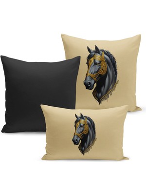 Bertille Home Klasik At Serisi Çift Tarafı Dijital Baskılı  3'lü Kırlent Kılıfı Seti (Horse)