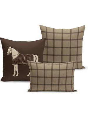 Bertille Home Klasik At Serisi Çift Tarafı Dijital Baskılı  3'lü Kırlent Kılıfı Seti (Horse)