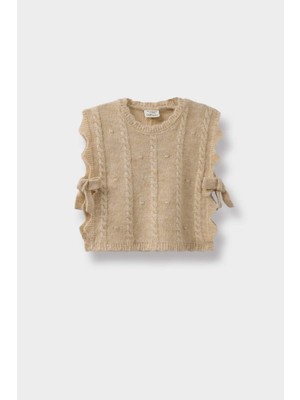 DeFacto Kız Bebek Bisiklet Yaka Bej Renk Yandan Bağlamalı Triko Süveter C8086A525AU