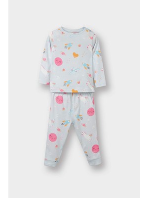DeFacto Kız Bebek Pijama Takımı Uzay Baskılı Uzun Kollu Penye Üst Uzun Alt E9479A525AU