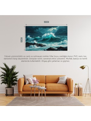 Doğa ve Manzara Yatay Kayalara Çarpan Güçlü Okyanus Dalgaları, Dramatik Gökyüzü 07 Çerçevesiz 90X60CM Pvc Tablo