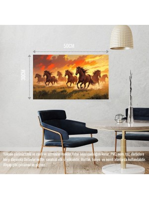 Yabani Atlar Gün Batımında Çayırda Koşuyor 03 Çerçevesiz 50X30 cm Pvc Tablo