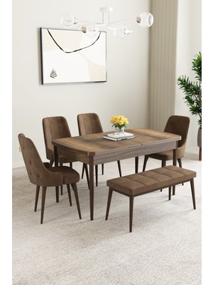 Asaella Mobilya Mabel Barok Desen 80X132 Açılabilir Yemek Odası Takımı 4 Sandalye, 1 Bench