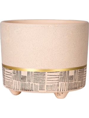 Herdekora Seramik Saksı Gold Şeritli Desenli Bej 12X10 Cm.