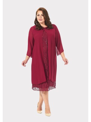 Lilas Xxl Büyük Beden Bordo Renkli Dantelli Dantelli Şifon Ceketli Abiye Elbise