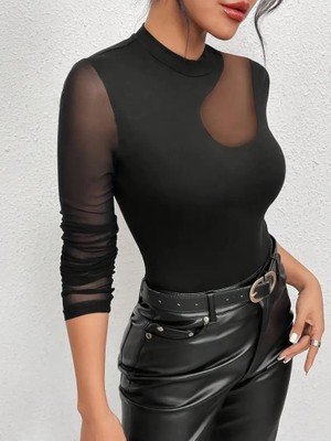 Conahome Kadın Uzun Kollu Yarı Balıkçı Yaka Kolları Tüllü Dalgıç Bluz