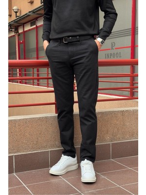 Erkek, Siyah, Slim fit, pamuklu dokuma pantolon