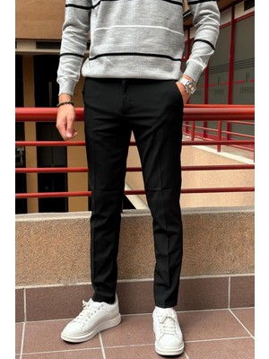 İnpool Erkek Italyan Kesim Esnek Kumaş Pantolon Slim Fit Yüksek Kalite Siyah Desenli Günlük Kullanım