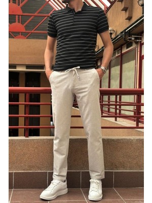 Erkek, bel lastikli, keten görünümlü, standart fit, bağcıklı dokuma pantolon 216-2