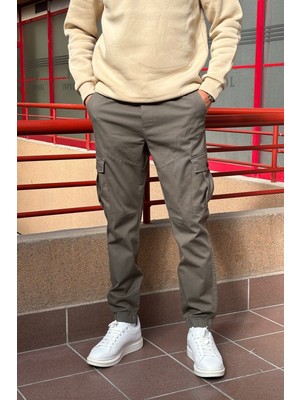 İnpool Gabardin Kargo Cepli Erkek Pantolon Haki Renk Lastikli Bel ve Paça Tasarımıyla Rahat Kullanım