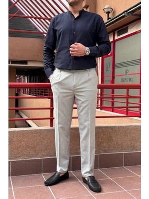 İnpool Old Money Culture Yazlık-Baharlık Büyük Beden Erkek Kumaş Pantolon 296 Dil Detaylı Açık Gri