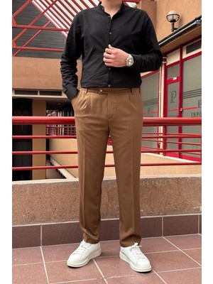 İnpool Büyük Beden Erkek Kumaş Pantolon 296 Yazlık-Baharlık Taba Renkli Dil Detaylı Old Money Culture