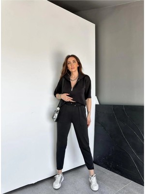 Gamze Alptekin Gri Yaka Ve Paçası Fermuarlı Takım