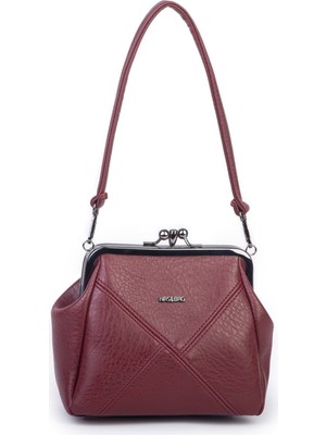 Nas Bag Mini Vintage Burslu Klipsli Kadın Omuz ve Çapraz Çanta Bordo Victoria  ( 20X17 Cm)