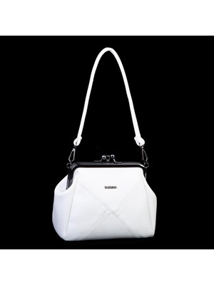 Nas Bag Mini Vintage Burslu Klipsli Kadın Omuz ve Çapraz Çanta Beyaz Victoria  ( 20X17 Cm)