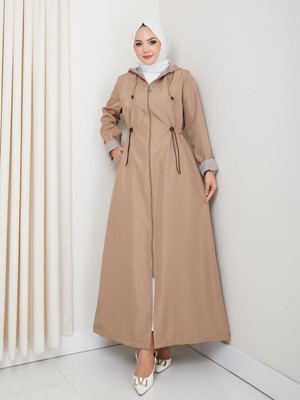 Harma Time Butik Kadın Kapüşonlu Çizgi Detaylı Vizon Bondit Kap