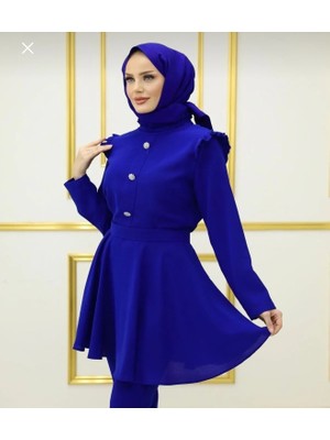 Kayra Saks Mavisi Tunik Pantolon Şık Lüks Tesettür Takım Abiye Taş Düğme