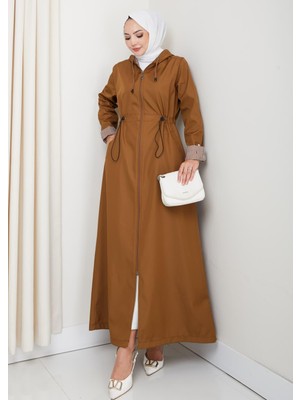 Harma Time Butik Kadın Kapüşonlu Çizgi Detaylı Taba Bondit Kap