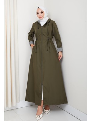 Harma Time Butik Kadın Kapüşonlu Çizgi Detaylı Haki Bondit Kap