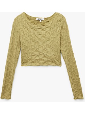 Koton Uzun Kollu Dokulu Kayık Yaka Slim Fit Crop Tişört