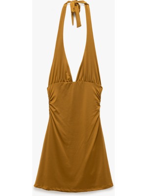 Koton Drape Detaylı Boyundan Bağlamalı Sırt Dekolteli Derin V Yaka Mini Elbise