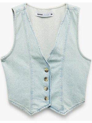 Koton Düğmeli V Yaka Düğmeli Pamuklu Denim Yelek