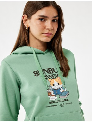 Koton Kanguru Cep Detaylı Şardonlu Kedi Baskılı Kapüşonlu Sweatshirt