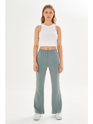 Trendhill Kadın Modal Kumaş Yüksek Bel Geniş Paça Eşofman Altı Yeşil 8102-Y