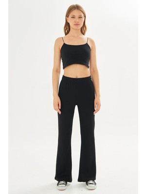 Trendhill Kadın Modal Kumaş Yüksek Bel Geniş Paça Eşofman Altı Siyah 8102-S