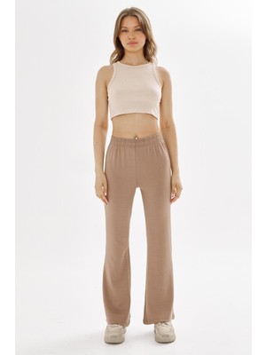 Trendhill Kadın Modal Kumaş Yüksek Bel Geniş Paça Eşofman Altı Kahve 8102-K