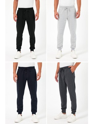 Mmetalic Kalın Siyah-Lacivert-Gri-Antrasit Erkek 4'lü Eşofman Altı Jogger Arka Cepli Paça Lastikli Regular Fit Şardonsuz