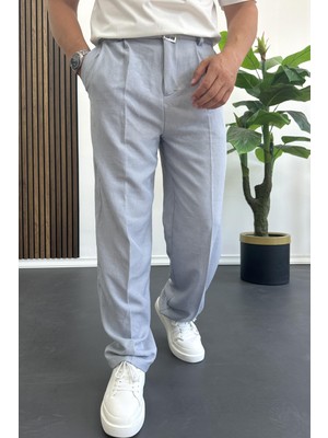 Erkek Beli Düğmeli Rahat Kalıp Yazlık Pantolon Mavi EDW393