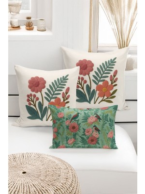 Bertille Home Çift Tarafı Dijital Baskılı  3'lü Kırlent Kılıfı Seti (Panç /punch Nakış Desen Görünümlü)