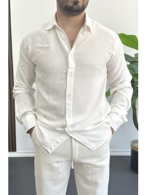 Erkek Viskon Kumaş Uzun Kollu Gömlek Beyaz EDW391