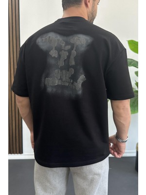 Edwox Erkek Kabartmalı Sırt Baskılı Oversize Tişört Siyah EDW390