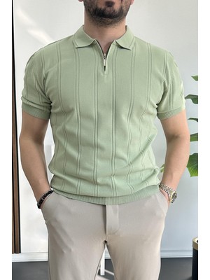 Edwox Erkek Polo Yaka Fermuarlı Desenli Tişört Açık Yeşil EDW262